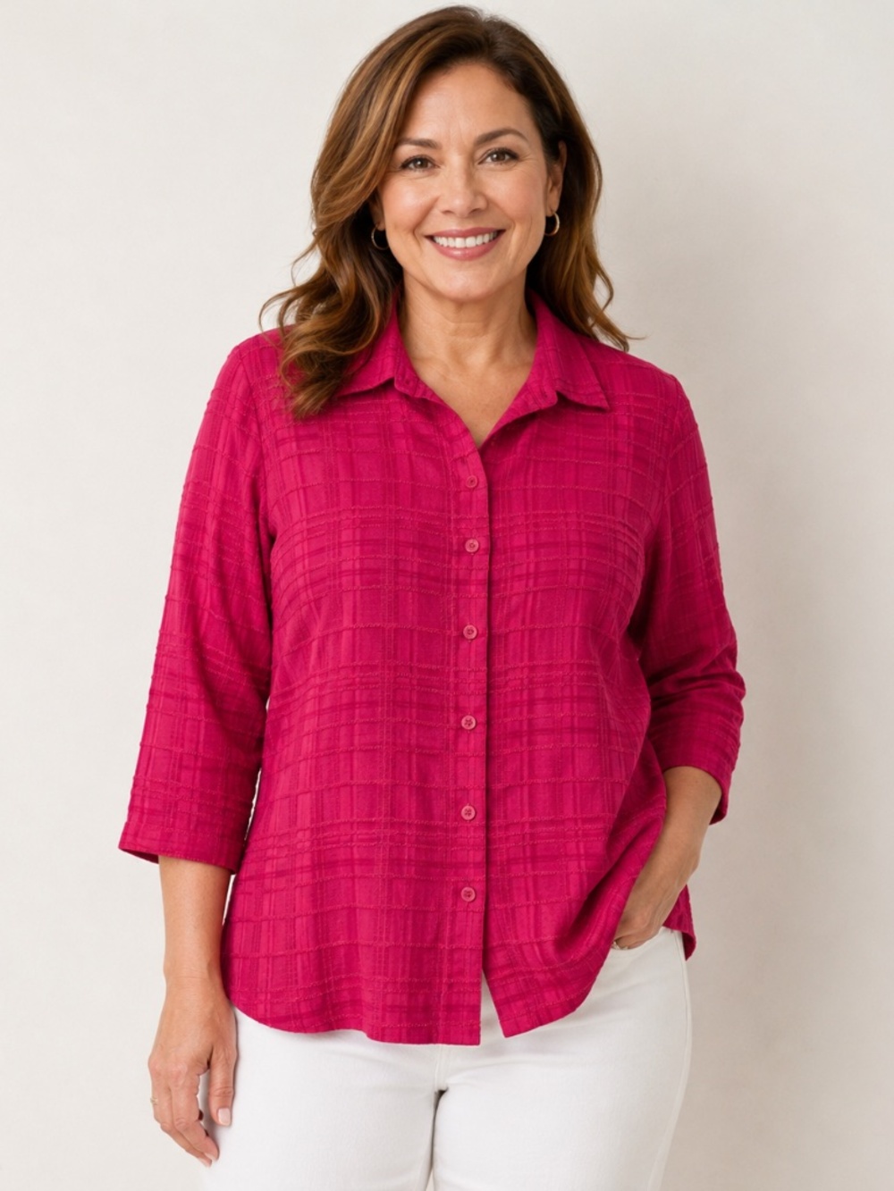 Linen blend Pink boxy button down top/shirt 3/4 sleeve 2X side slit office